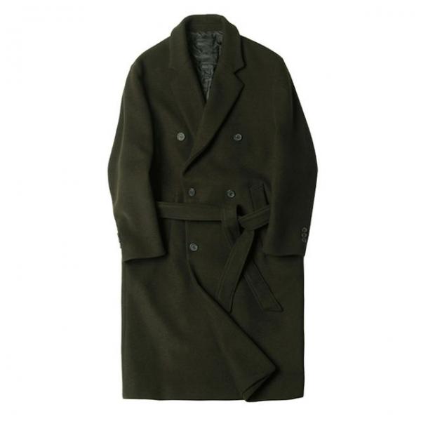 남성 더블코트 로브 디자인 허리끈 롱코트 카키색