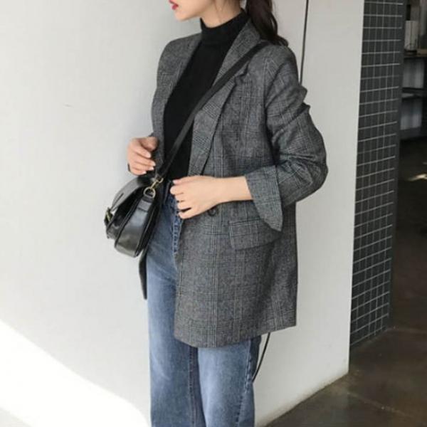 봄가을 여성 여자 캐주얼 정장 스타일 체크 무늬 자켓