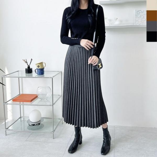 여성 따뜻한 간절기 겨울 맥시 플 주름 롱스커트
