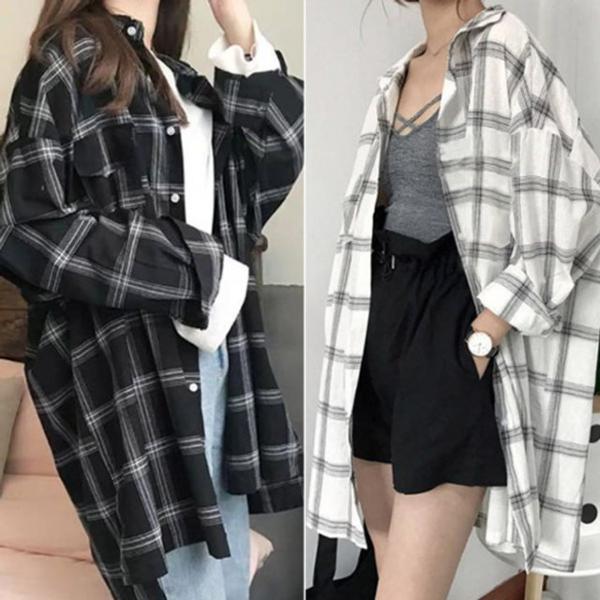 여성 봄 가을 오버핏 베이직 롱남방 힙덮는 체크셔츠