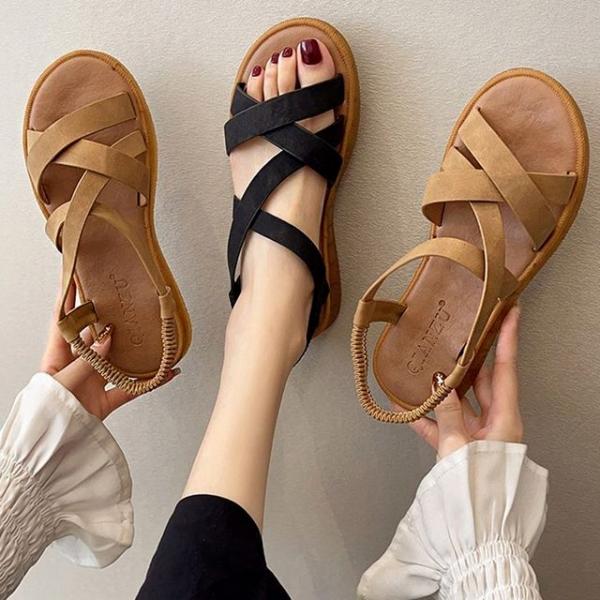 여자 발목 스트랩 샌들 휴양지 나들이 캐주얼 패션