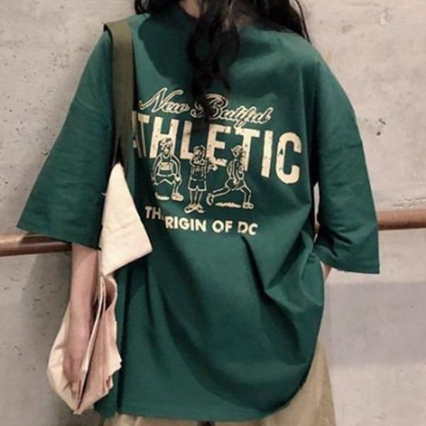 여성 레트로 초록색티셔츠 대학생 캐주얼 빈티지