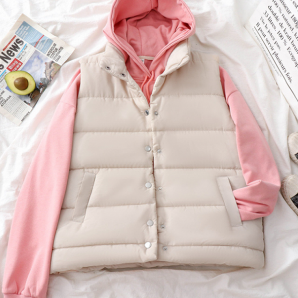 여자 하이넥 빵빵 패딩조끼 맨투맨 후드 레이어드 베스트 똑딱 스냅 패딩 자켓 조끼