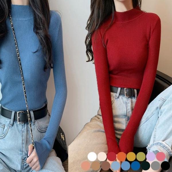 여성 반목 하프넥 골지 슬림핏 니트 긴팔 쫀쫀 이너티