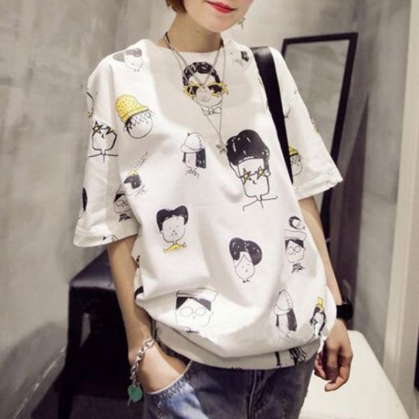 여성 귀여운 패턴 반팔 1P 라운드 여름 기본 티셔츠