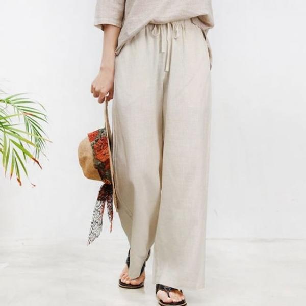 여자 린넨 통 바지 허리 밴딩 와이드 여름 팬츠