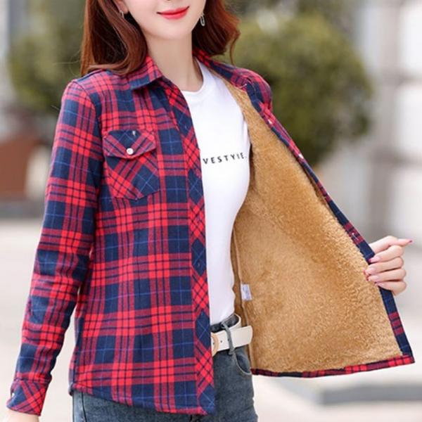 여성 기모 융털 체크 남방 겨울 방한 보온 셔츠 자켓