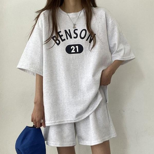 레터링 프린팅 라운드넥 반팔 반바지 여성 셋업