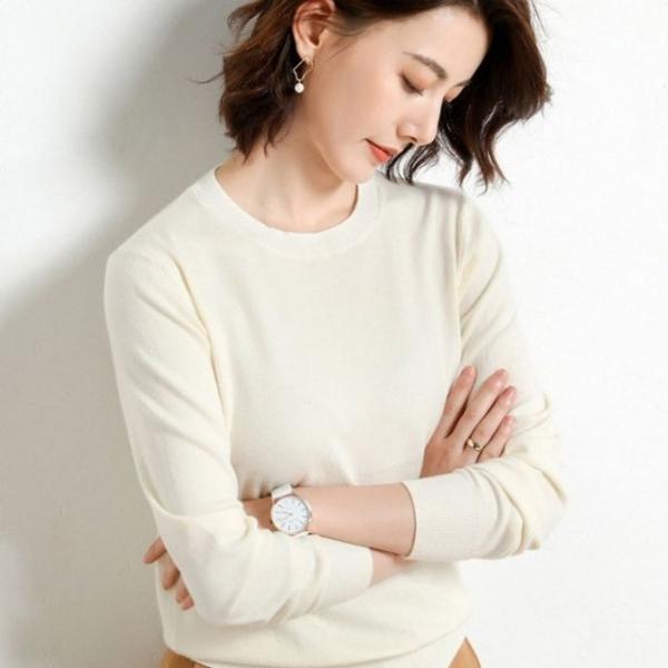 무지 여성 긴팔 티셔츠 라운드넥 니트티 여자 상의