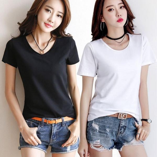 여성 기본 라운드 브이넥 무지 디자인 반팔 티셔츠
