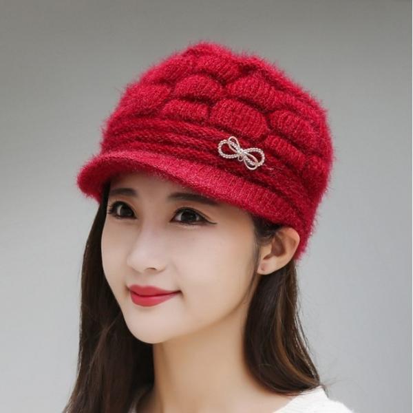 *당일배송* 중년여성 도트 기모 챙모자 겨울모자 할머니모자 아줌마모자 (리본큐빅장식)
