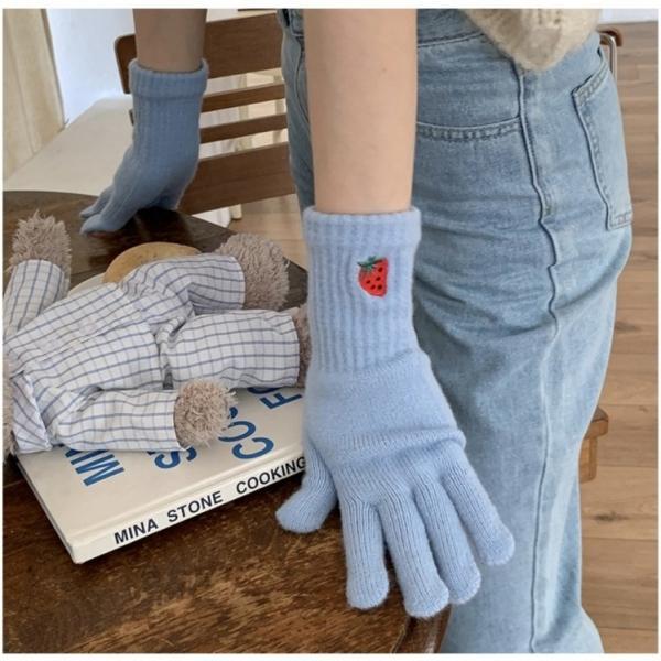 -당일배송- 딸기자수 니트 터치 장갑 여성 스마트폰터치 손가락구멍 니트 겨울 장갑