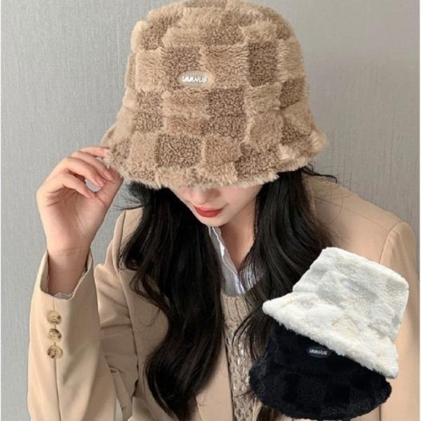 [당일배송] 격자 뽀글이 양털 벙거지 버킷햇 겨울 털 모자