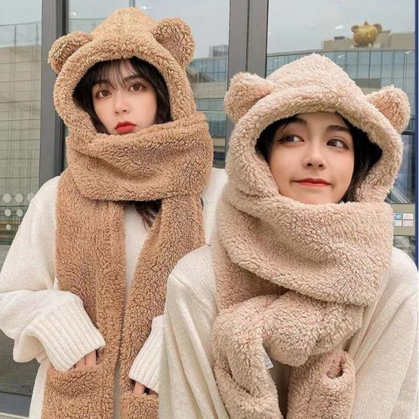 [당일배송] 겨울 곰돌이 뽀글이 후드 모자 넥워머 일체형 목도리 장갑