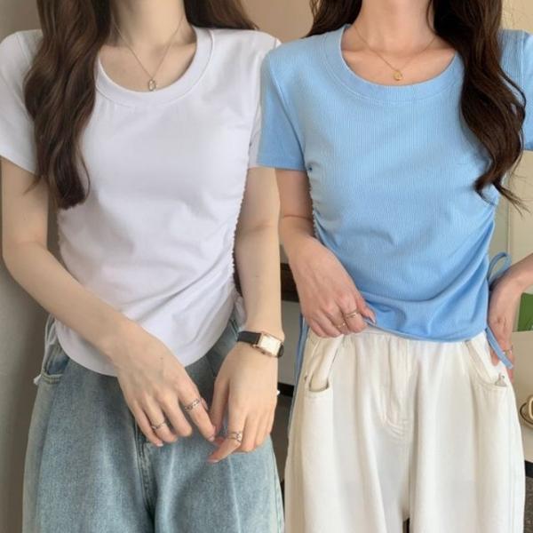 발레코어 여자 라운드 셔링 크롭 반팔 티셔츠 리본티