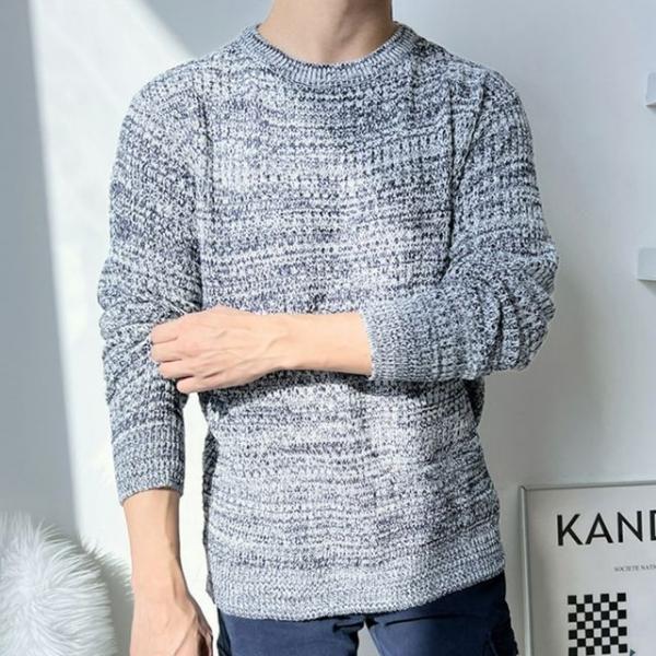 남성 부드러운 촉감 라운드넥 배색 짜임 니트 티셔츠