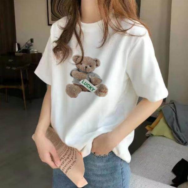 여성 반팔티셔츠 곰돌이 프린팅 라운드 베이직 티셔츠