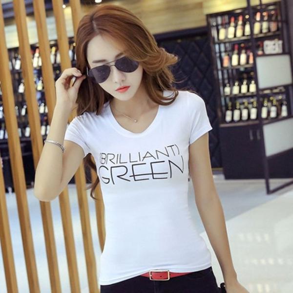 그린 슬림 여성 라운드 티셔츠