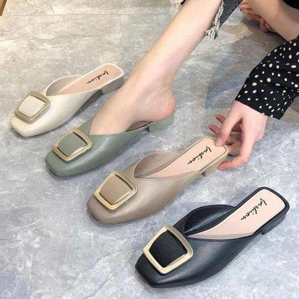 여성 골드스퀘어 장식 블로퍼 단화 굽 낮은 뮬구두