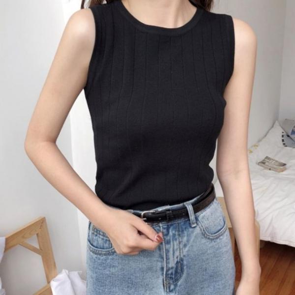 여성 라운드넥 왕골지 니트 민소매 나시티 이너티