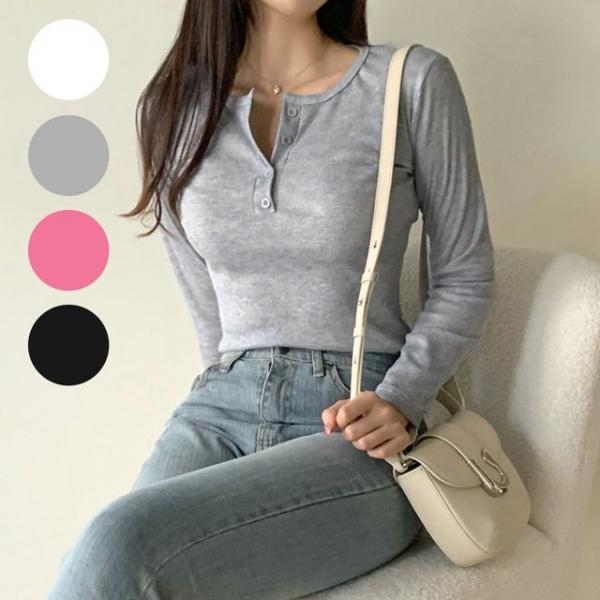 슬림핏 골지 긴팔티 여성 데일리 헨리넥 스판 티셔츠