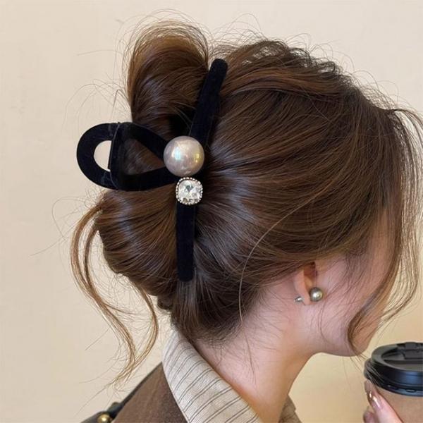 올림머리 가을겨울 벨벳 진주큐빅 꾸안꾸 심플집게핀