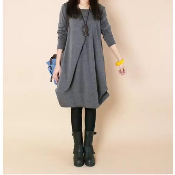 초특가세일  빅사이즈 가을겨울 주름 라운드넥 긴팔 원피스 107