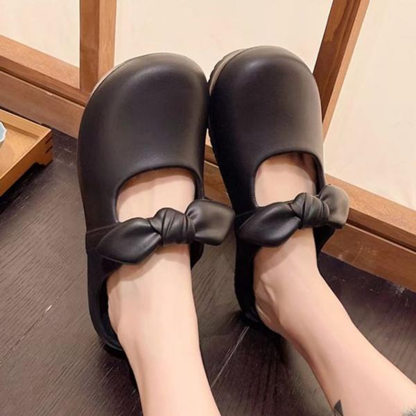 여성 2컬러 데일리 둥근코 리본 플랫 슬리퍼