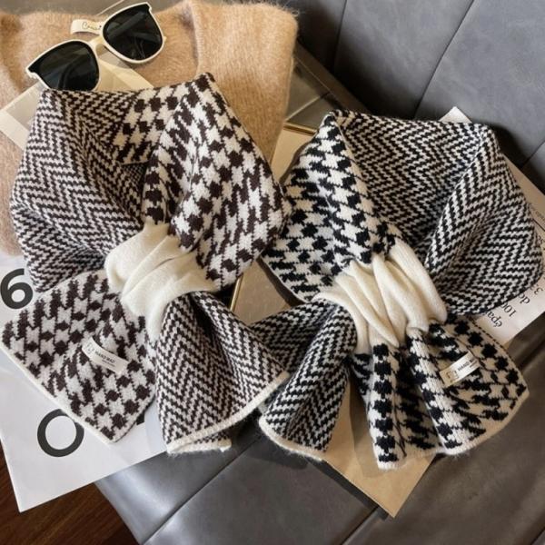 [큰손할인] 체크쁘띠목도리 머플러 패션 숏 헤링본 하운드투스 겨울 넥워머 니트 여자 부드러운 보온 짧은
