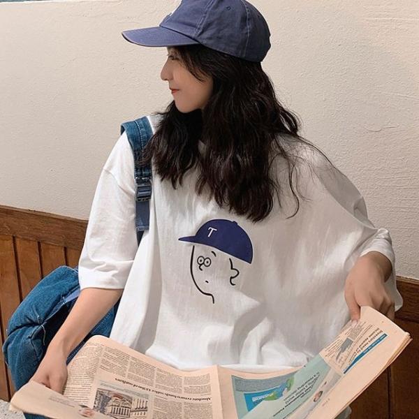 얼굴 프린팅 여성 캐주얼 반팔 오버핏 박스 티셔츠