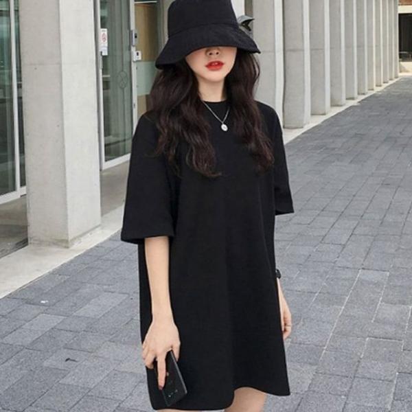 여성 롱 박스 티셔츠 깔끔한 무지 엉덩이 덮는 롱티