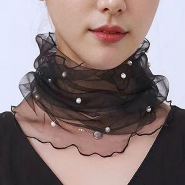 망사 목주름 가리개 여성용 시스루 진주 스카프