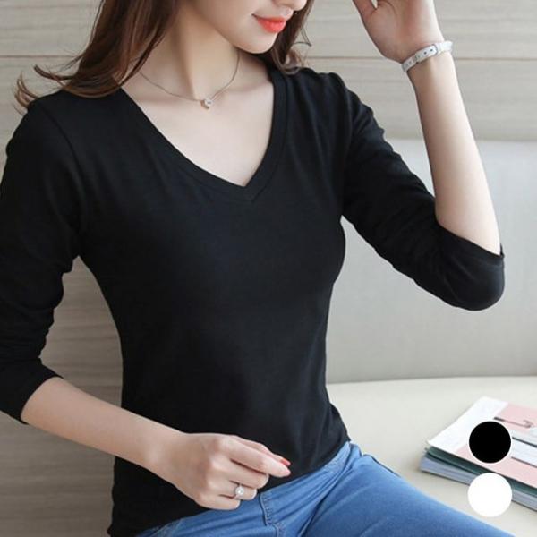 여성 슬림 라운드넥 브이넥 베이직 무지 긴팔 티셔츠