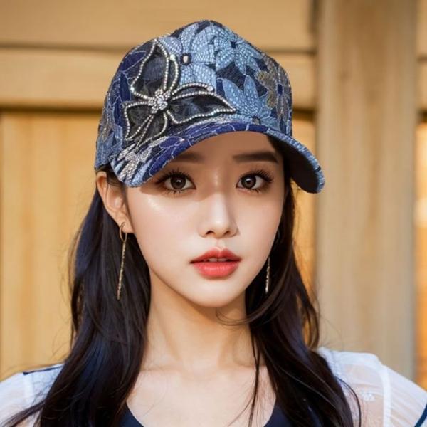 여성 화려한 플라워패턴 큐빅 나비장식 메쉬 야구모자