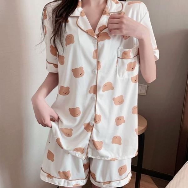 여성 여름 반팔 반 바지 예쁜 잠옷 세트 미니크림베어