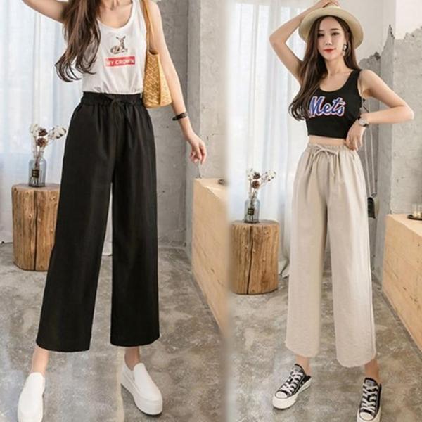 여성 9부 밴딩 반바지 여름 냉장고 린넨 와이드팬츠