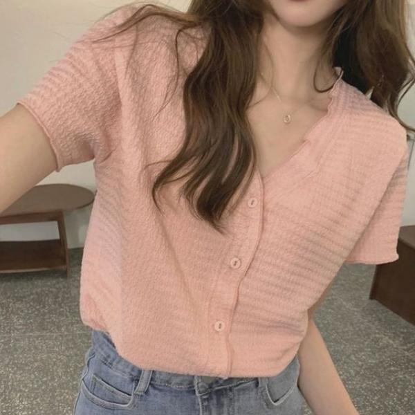 여자 여름 반팔 블라우스 여성 브이넥 브라우스 핑크