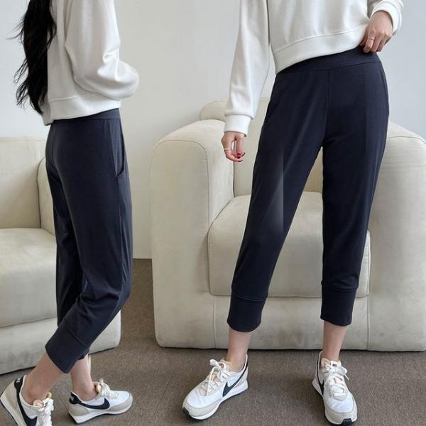 여성 8부 스타일 편안한 허리 밴딩 무지 배기 팬츠