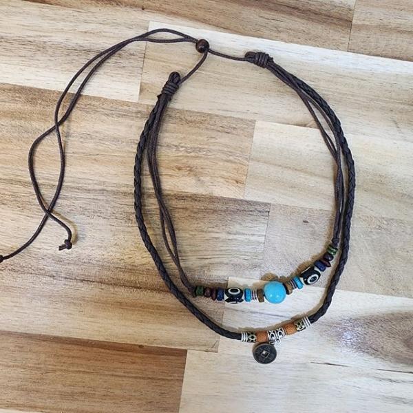 남성 터키석 풍수 엽전 가죽 목걸이