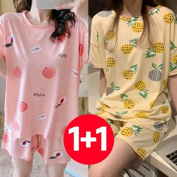 여성 반팔 반바지 여름 잠옷 세트 2개 복숭아파인