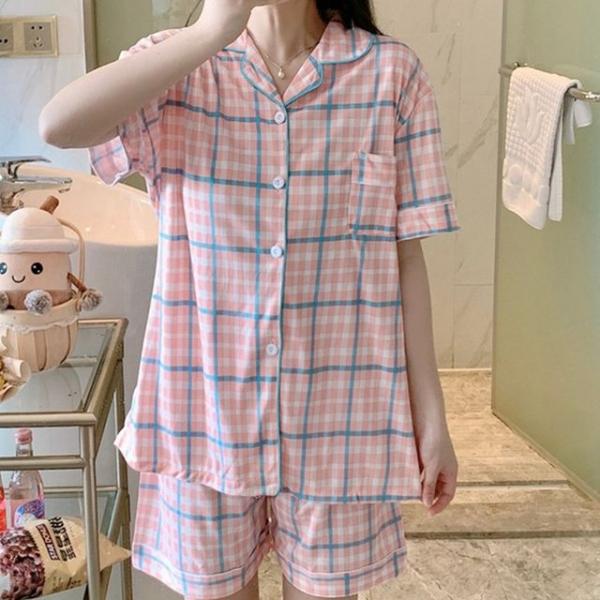 여성 여름 반팔 반 바지 예쁜 잠옷 세트 애프리콧체크