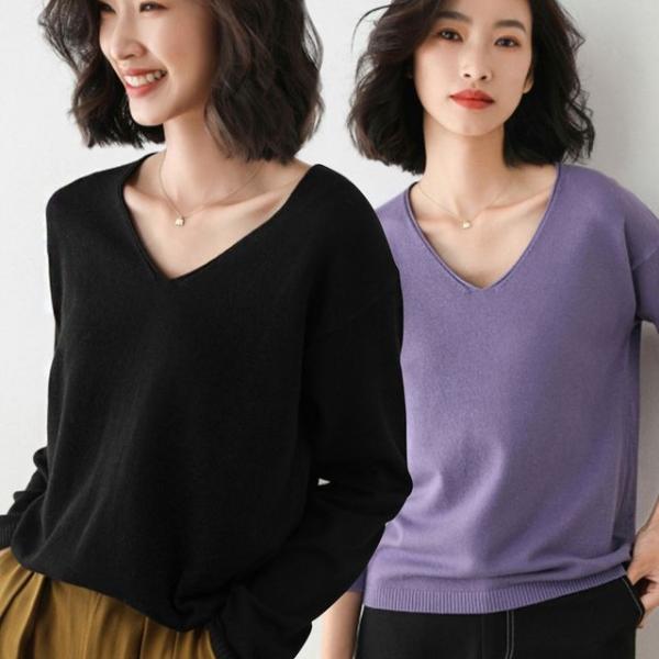 신축성 좋은 여자 얇은 긴팔 티셔츠 니트 소재 브이넥