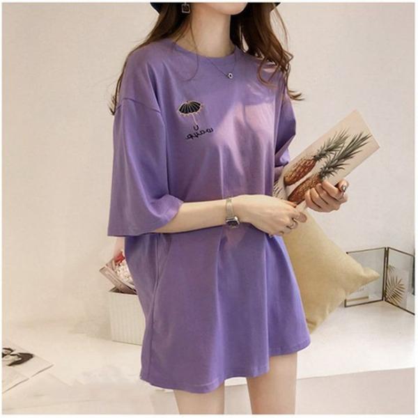 여성 반팔티셔츠 4컬러 1P 자수 포인트 심플 롱티셔츠