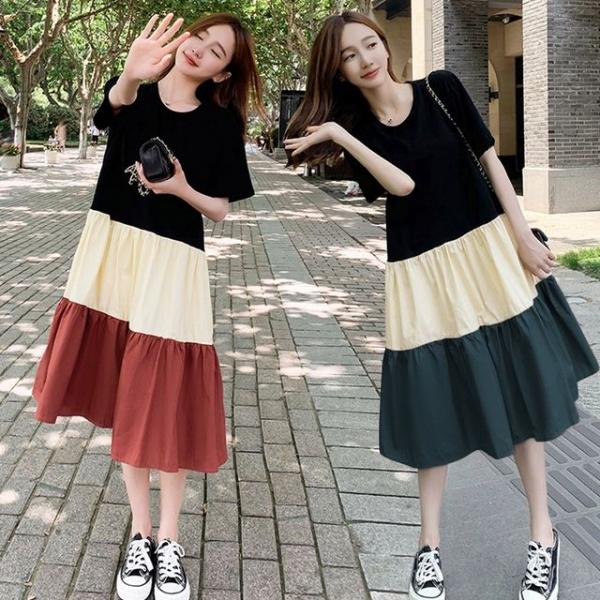 여성 통 넓은 A라인 배색 반팔 라운드 예쁜 원피스
