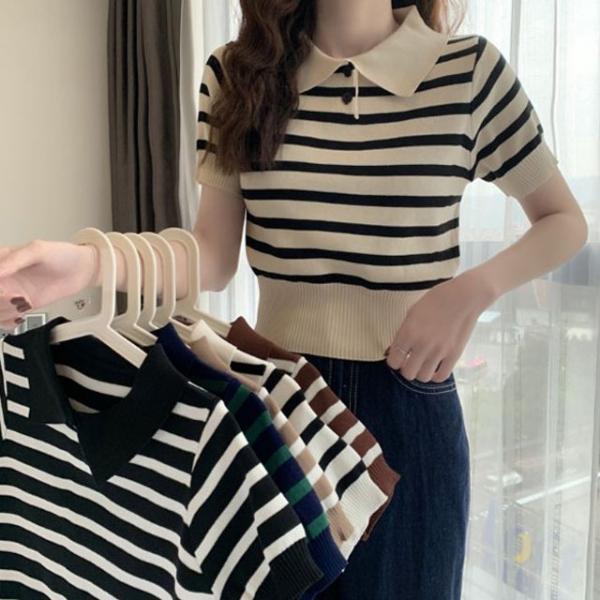 여성 카라 고급 단추 반팔 니트 줄무늬 스트라이프 여