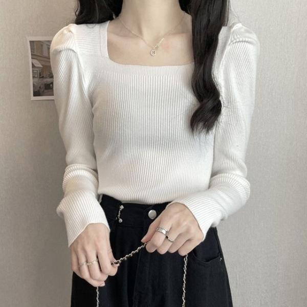 여성 스퀘어넥 퍼프소매 골지 긴팔 니트 HH-E58