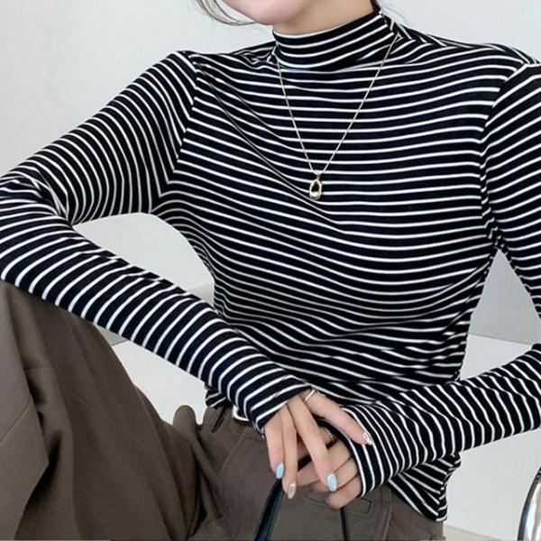 여성 스트라이프 반목티 기모 터틀넥 폴라 티셔츠