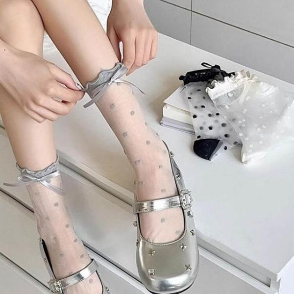 여성 은은한 시스루 리본 도트 귀염 중목양말 3color