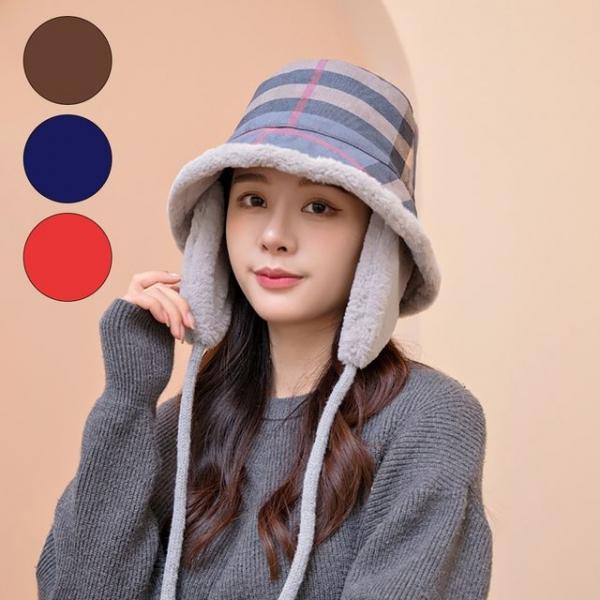 체크 귀달이 벙거지 탈부착 귀마개 겨울 방한 털모자