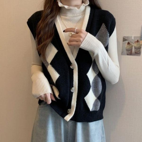 아가일 체크 브이넥 니트 베스트 여성조끼 편한조끼